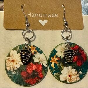Handmade Floral Earrings with Pinecone Charm